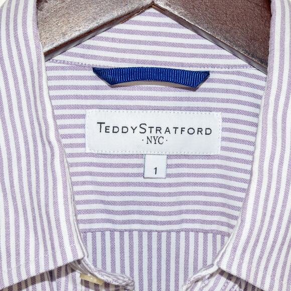 Teddy Stratford NYC Men's zip Button Down Shirt Purple Striped cotton size 1 - Picture 4 of 9